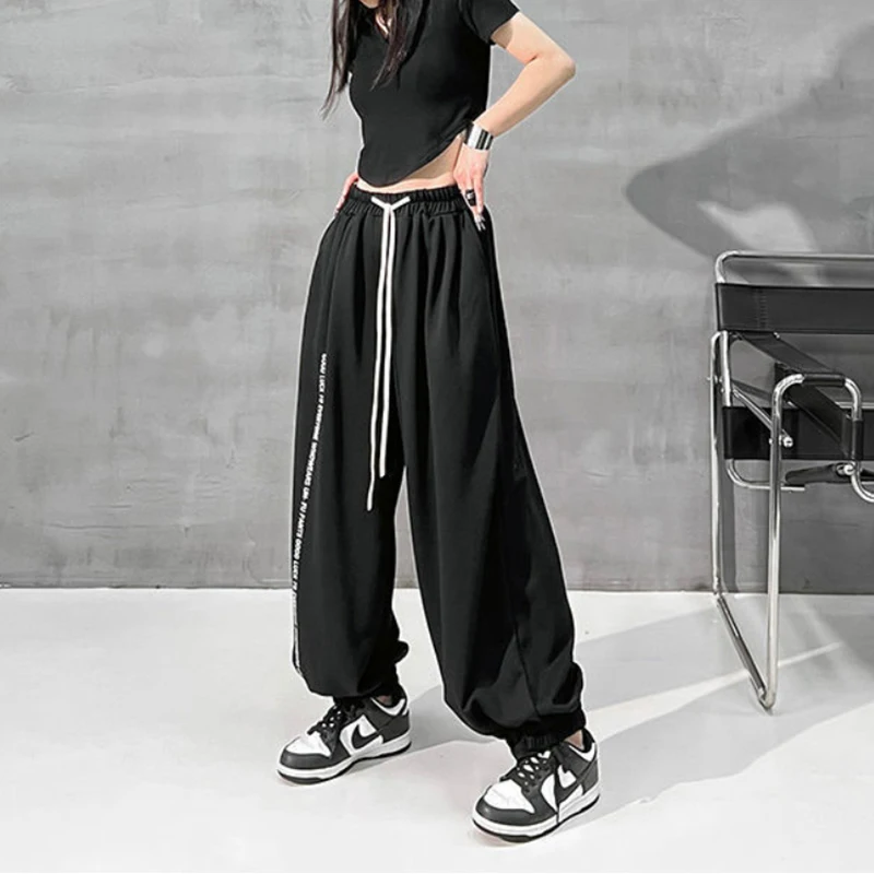 MEXZT Y2K Black Joggers Sweatpants Women Hip Hop Letter Print Wide Leg Pants Streetwear Oversized 2Xl Drawstring Trousers Bf