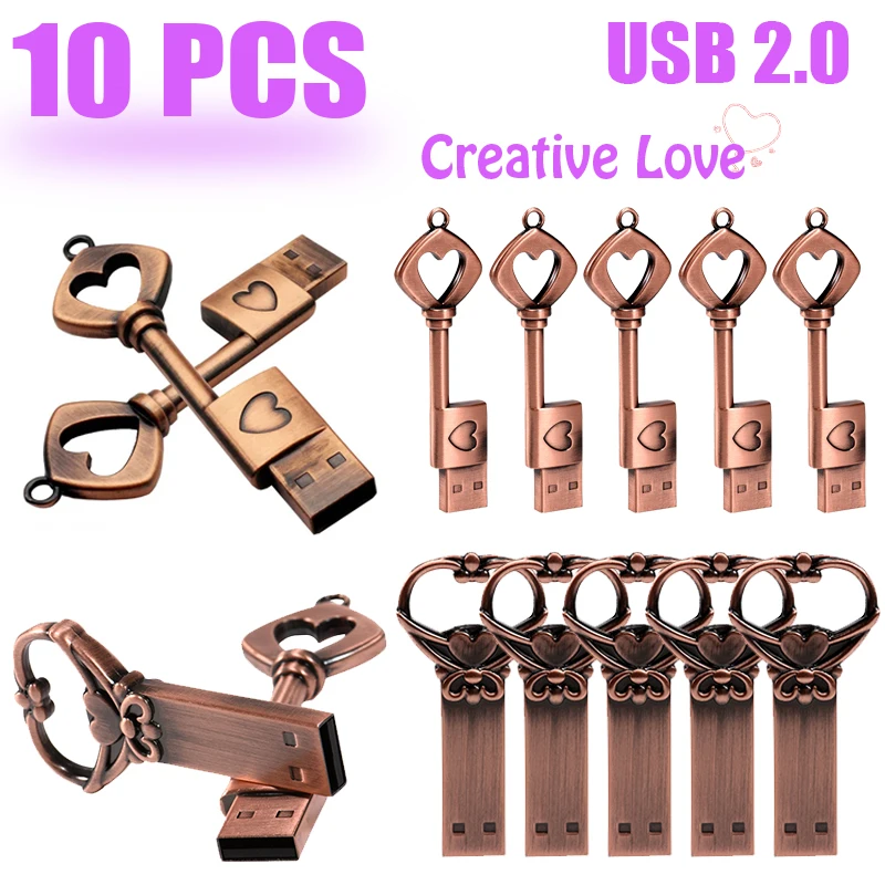 

10 PCS LOT Pen Drive 128GB Love Shape Key Memoria USB 64GB Retro Style USB Flash Drive Creative Gift 32GB Mini Memory Stick 16GB