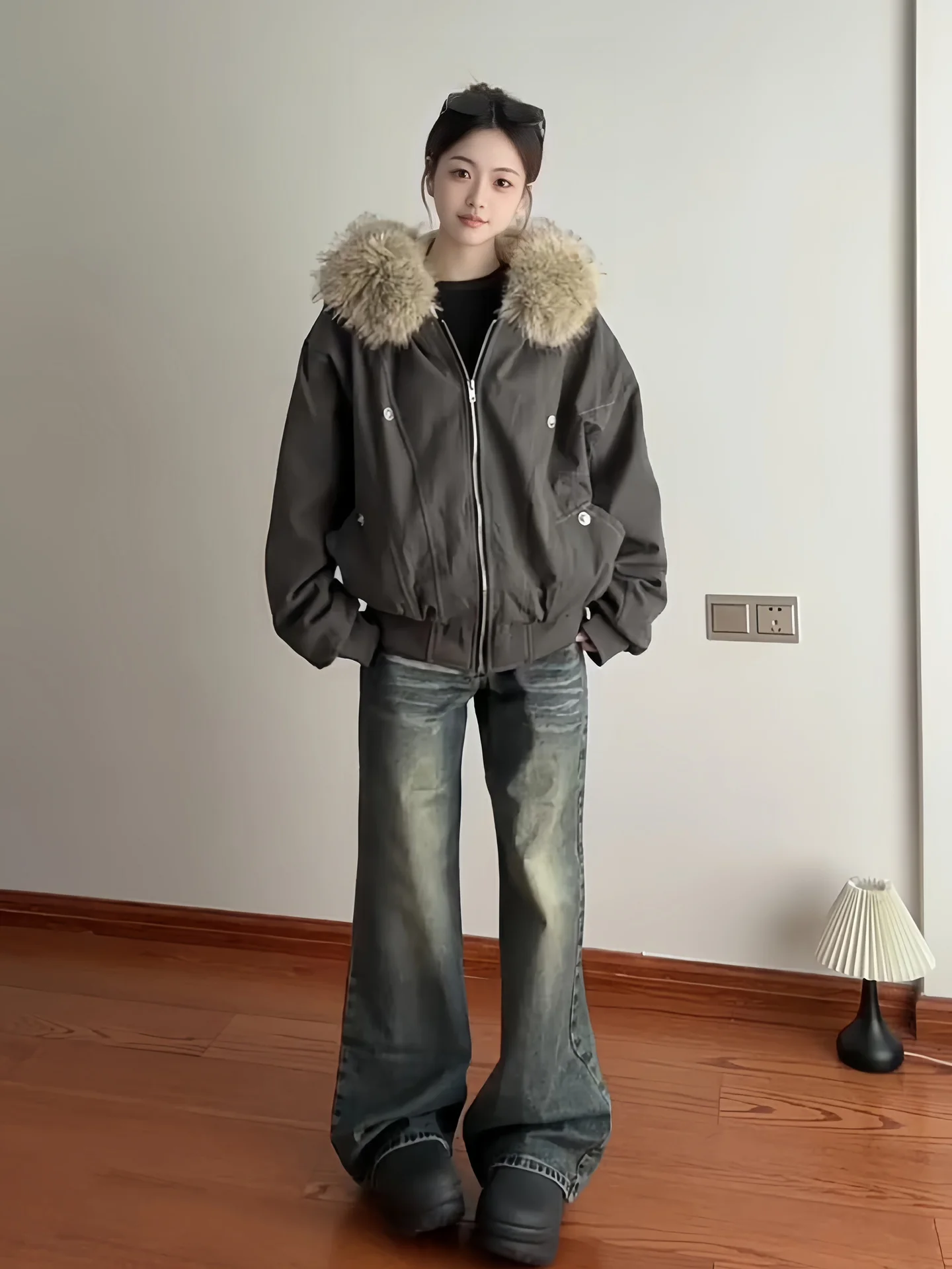 

Parkas Teenagers Womens Winter Puff-Feel Woven Fur-Collar Buttons Hip-Hop Irregular Coating Split Trendy Hoody Wadding Mid-Coat