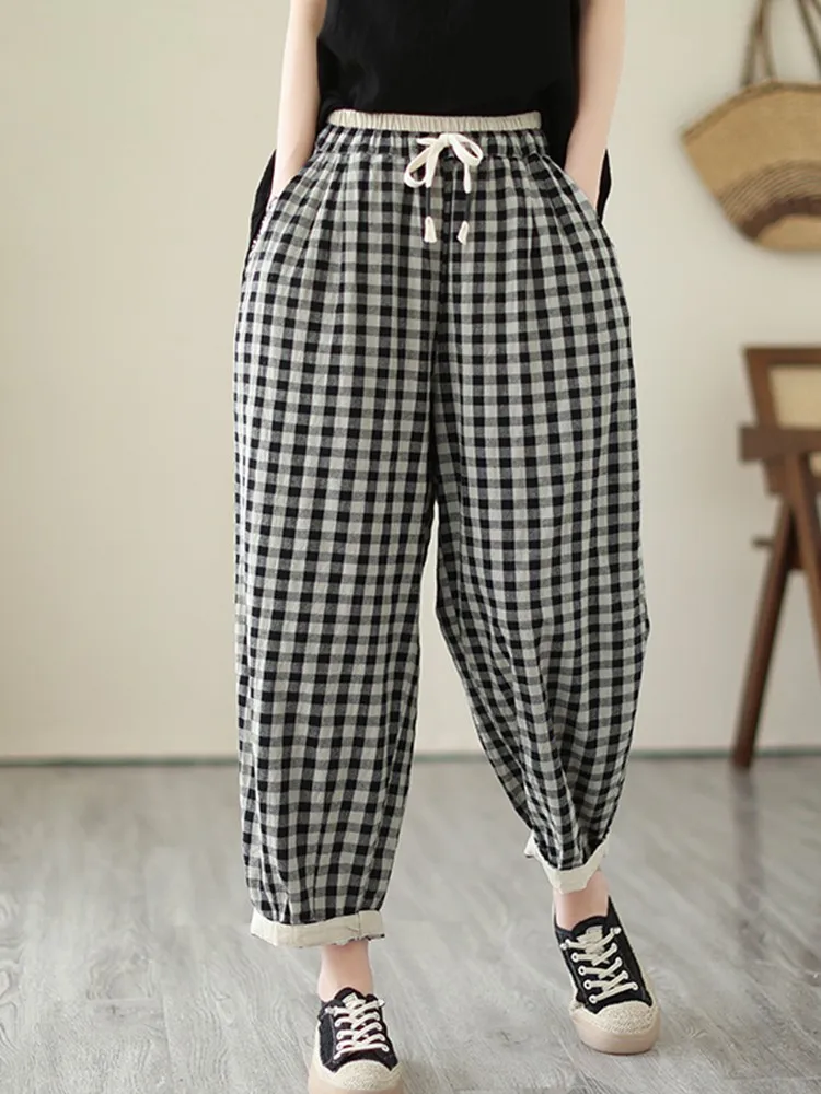 Women Casual Ankle-length Pants New Arrival 2023 Autumn Vintage Style Plaid Pattern Loose High Waist Female Harem Pants B2925