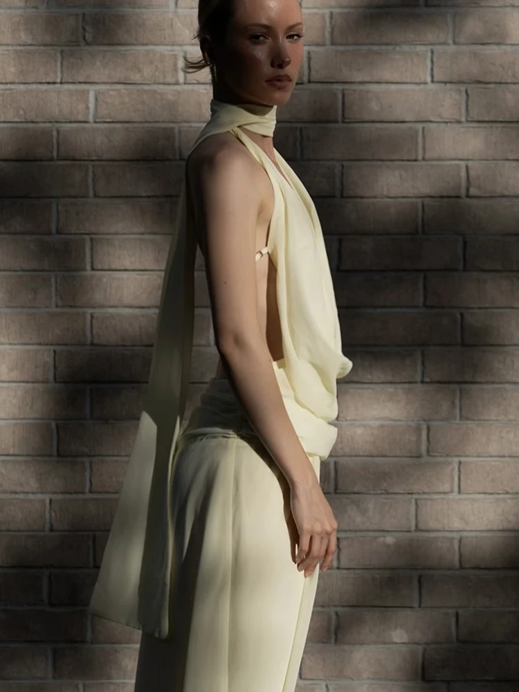 Nibber Urlaubs-Maxikleid für Damen, Rückenfrei, Ärmellos, mit Falten, Neckholder, Quasten, Schwingkragen, Elegantes Sommer-Strandparty-Kleid – Detail 4