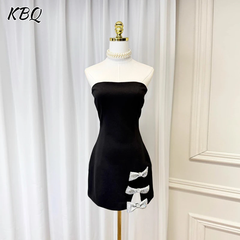 

KBQ French Elegant Spliced Bowknot Slimming Dresses For Women Strapless Sleeveless Backless Temperament Dress Female Fashion New