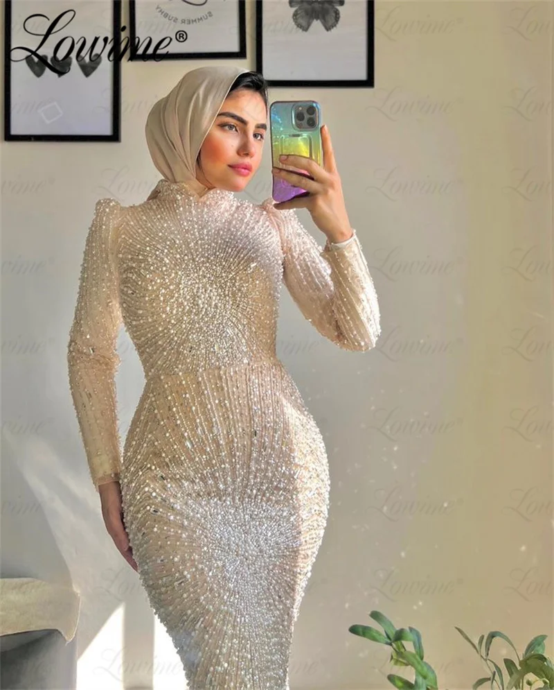 Lowime Luxury Evening Dresses For Women Middle East Muslim 2024 Light Champagne Heavy Pearls Beaded Wedding Party Dress For Prom