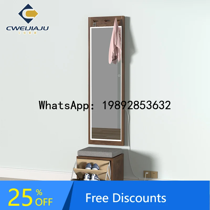 XL Solid Wood Shoe Changing Stool with Multifunctional Mirror Integrated Household Doorway Flip Bucket Stool Oak