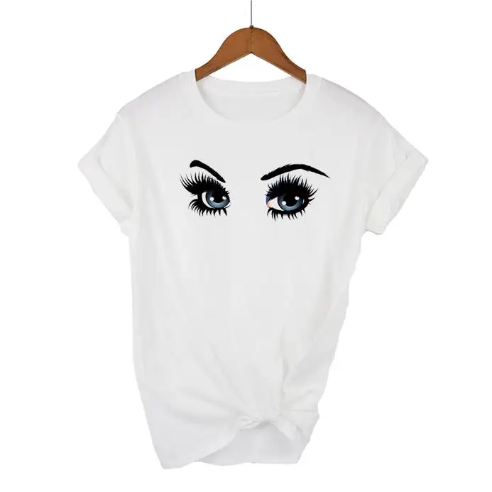 New Fashion Blue Eyes With Long Lashes Design women's Short Sleeve Printing T-shirt Novelty Colorful Tops Shirt Lady Tees