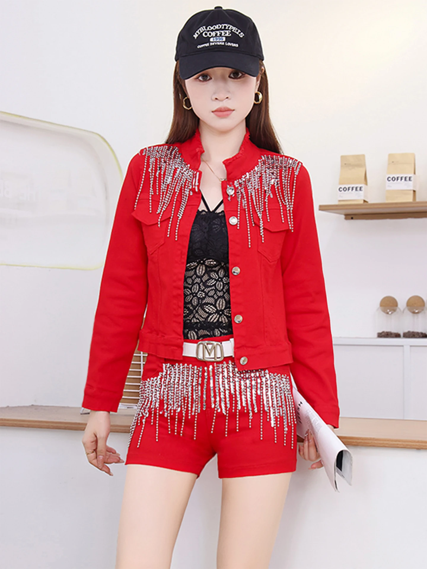 

Корейский стильный комплект: куртка с длинными рукавами и шорты, женская модная короткая куртка с пайетками и бахромой, верх и низ, осень-зима