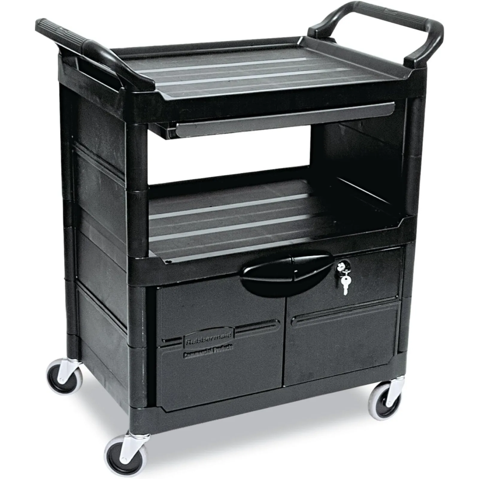 

US Service/Utility Cart, Lockable Doors, Sliding Drawer, 200 lb. Capacity, Black,