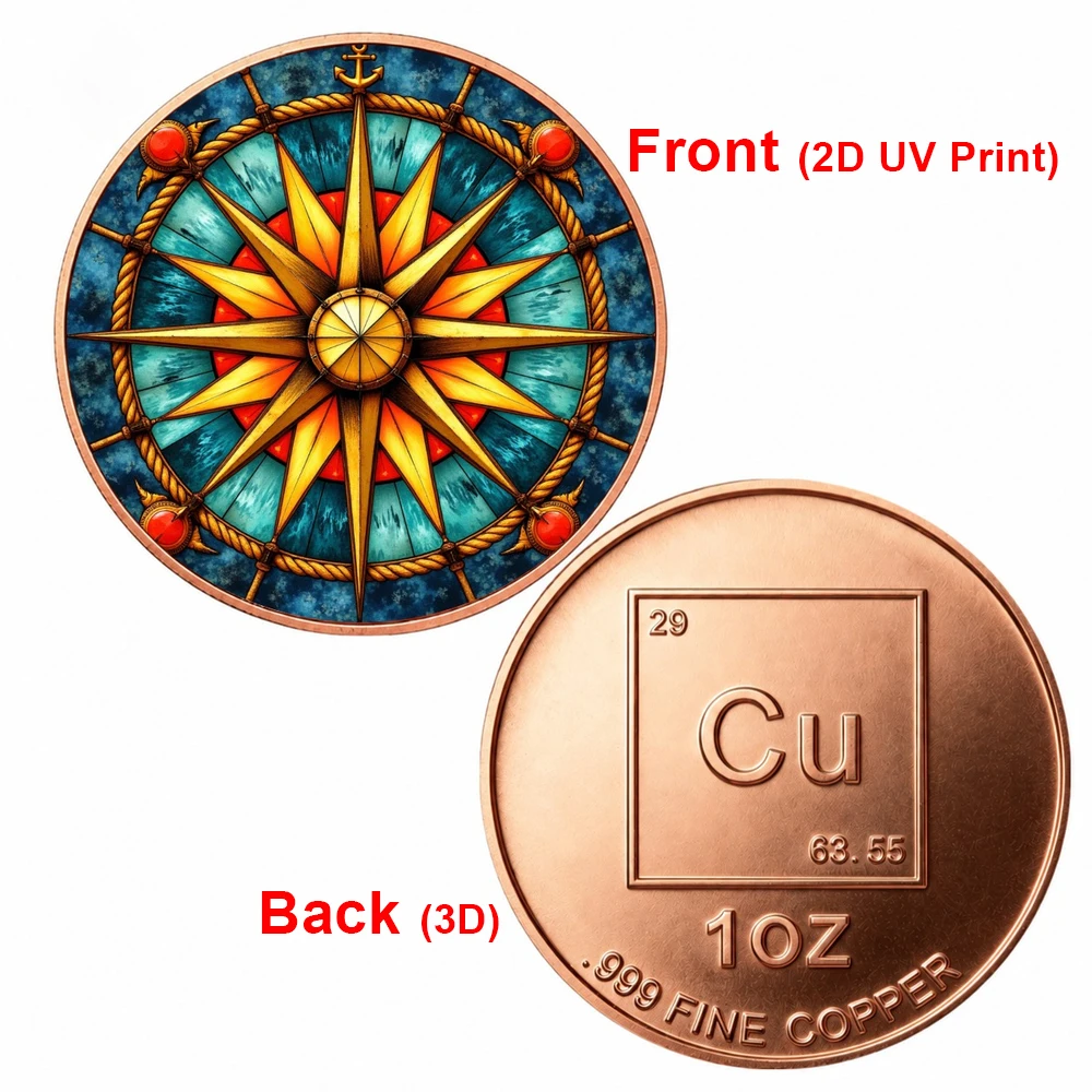 1pc Nautical Compass Ship Wheel Copper Coin 1oz Pure .999 Copper Challenge Coin Ocean Navigation Collectible Gifts for Men