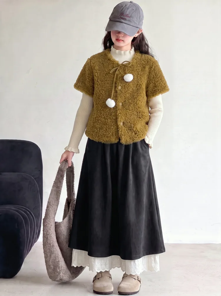 Girls' Autumn and Winter New Korean Wool Ball Lamb Wool Top Layered Knitted Base Shirt A-line Skirt Trendy Children Clothing