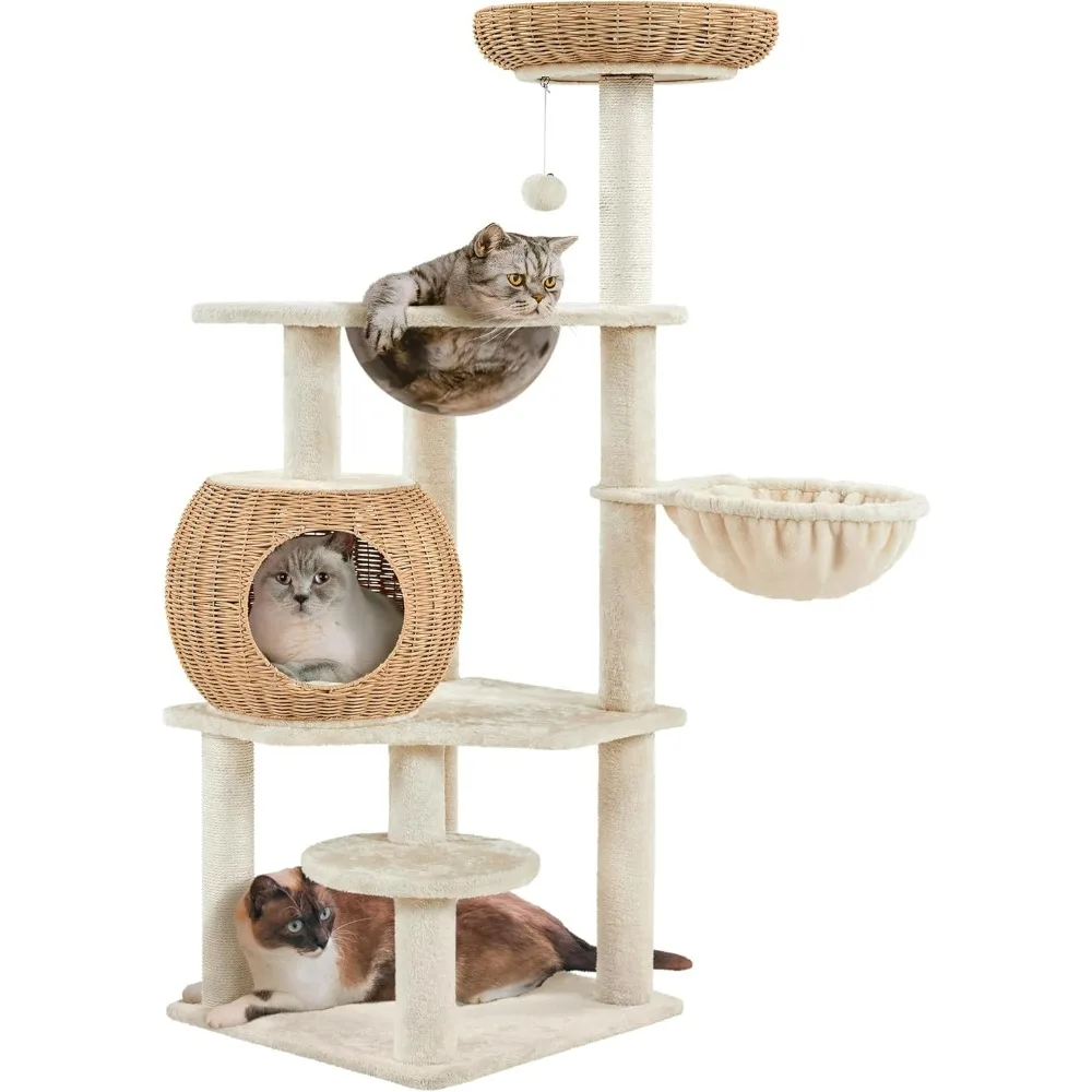 Cat Tree, 54in Rattan Cat Tree Tower with Luxury Woven Condo, Clear Bowl, Washable Cushions, and Scratching Posts,