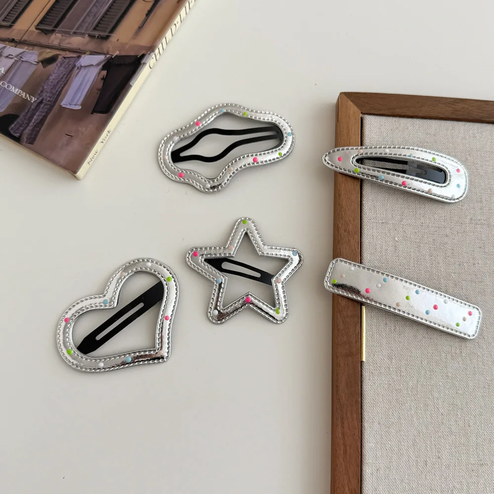 

Silver Leather Sweet Cool Color Polka Dot BB Clip Geometric Children Hairpin Broken Bangs Headwear Girls Kids Hair Accessories