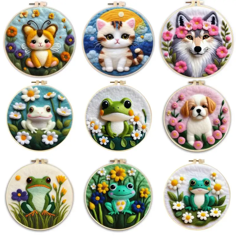 SDOYUNO DIY Wool Felting Painting With Embroidery 20x20cm Needle Felting Kit Cat Frog Picture Needle Wool Painting For Diy Gift