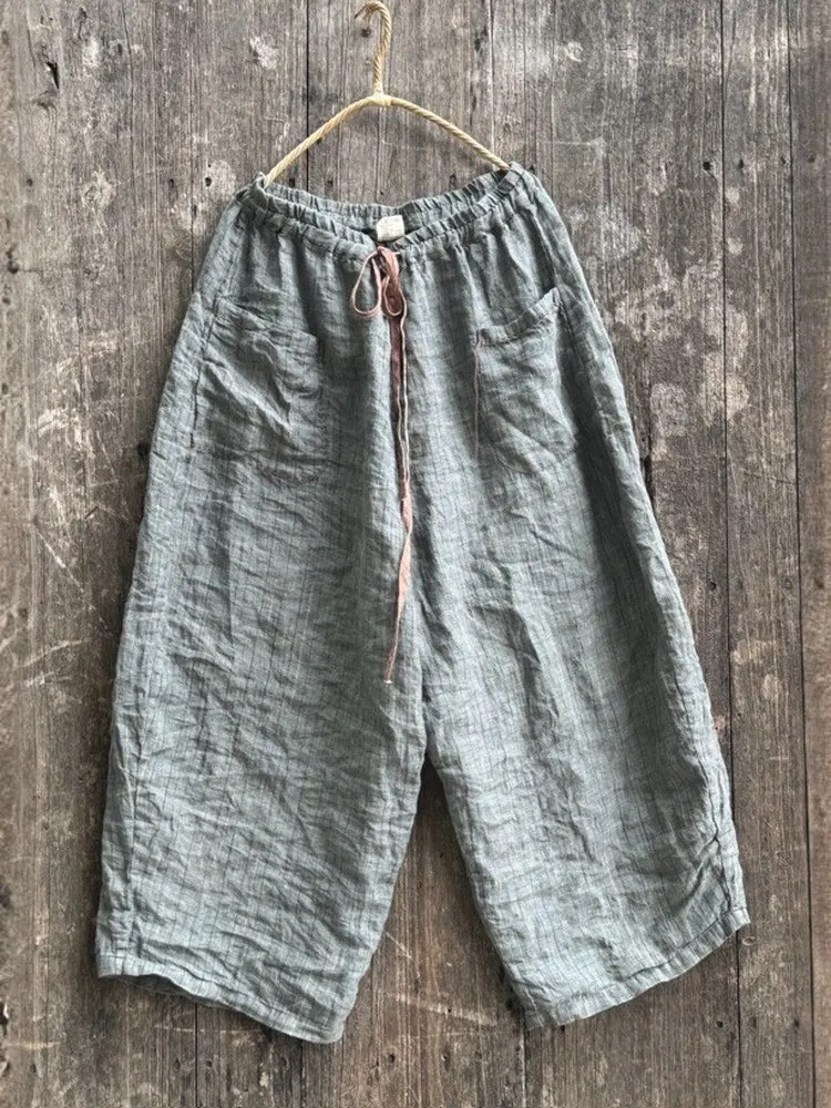 오리지널 디자인 스트라이프 컬러 우븐 린넨 밴딩 와이드 레그 캐주얼 여성 바지 루즈 슬리밍 스트레이트 레그 트라우저