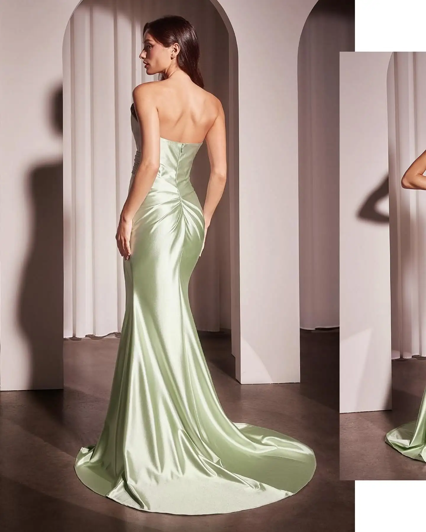 حار بيع مطوي الساتان مساء اللباس حمالة التجاعيد طوق الإمبراطورية عارية الذراعين فستان الحفلة الراقصة ألف خط عالية سبليت قطار طويل Vestidos