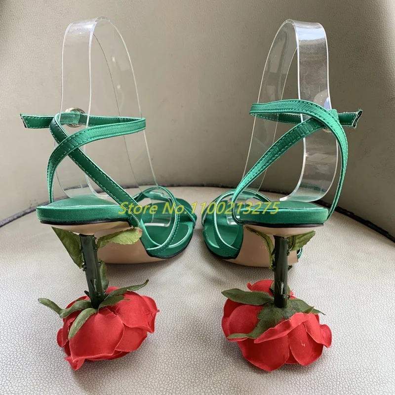 Rosy Heel Sandals Cross Strap High Heel Real Picture High Quality Black Green Summer Women Shoes Strange Style Shoes