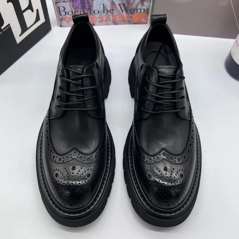 

Luxury Fashion Men Oxford Shoes Genuine Leather Thick Sole Lace-Up Brogues British Business Dress Shoes Youth Wedding Shoes