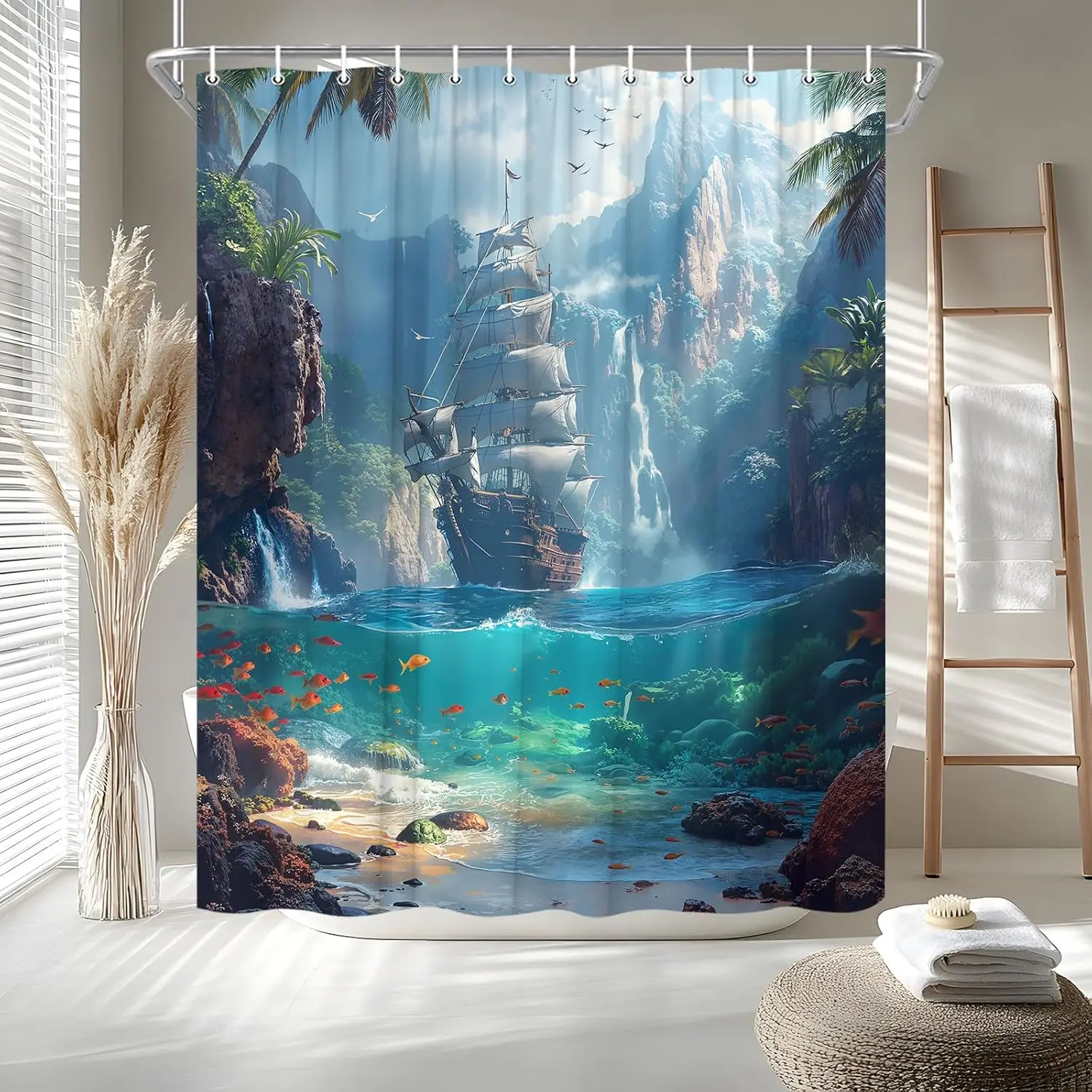 

Pirate Ship Shower Curtain Nautical Tropical Fish Palm Leaves Waterfall Mountain Misty Forest Bird Blue Ocean Coastal Landscape