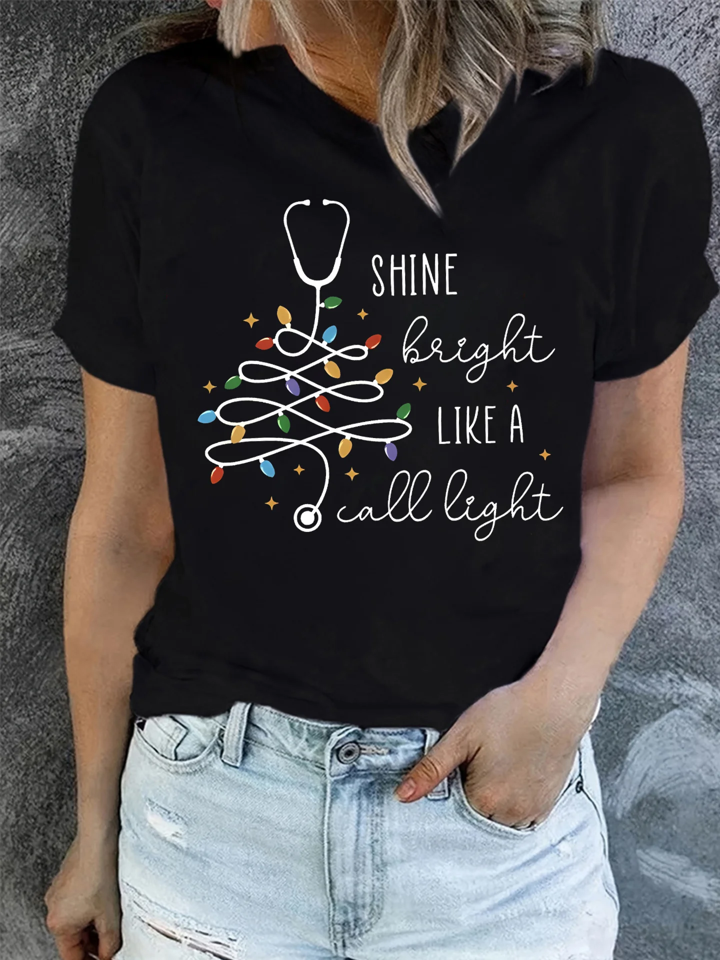 

Women's Funny Nurse Christmas T-Shirt "Shine Bright Like A Light" Holiday Graphic Tee with Summer Sleeved Harajuku Streetwear