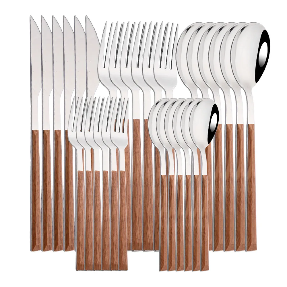 6/30Pcs Stainless Steel Dinner Flatware Imitation Wooden Handle Dinnerware Knife Coffee Spoon Tea Fork Cutlery Set Tableware