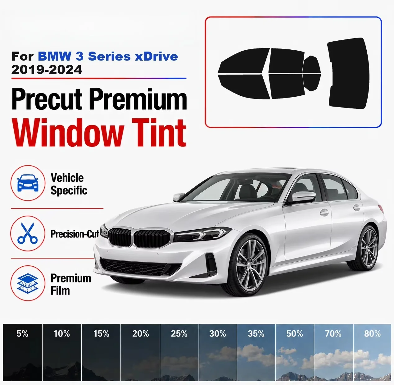 Premium Precut Window Tint Kit Front Rear Windows Rear Windshield For BMW 3 Series xDrive 2019-2024 Car Solar Nano Ceramic Film
