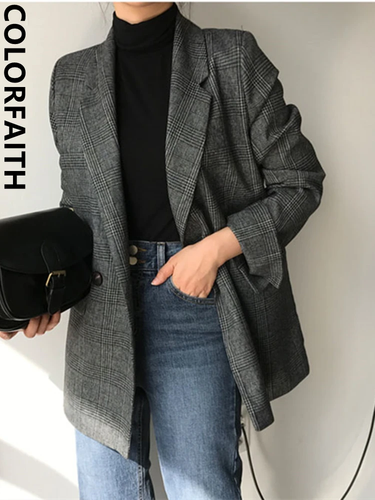 

Colorfaith New 2022 Plaid Double Breasted Pockets Formal Jackets Checkered Winter Spring Women's Blazers Outerwear Tops JK7113