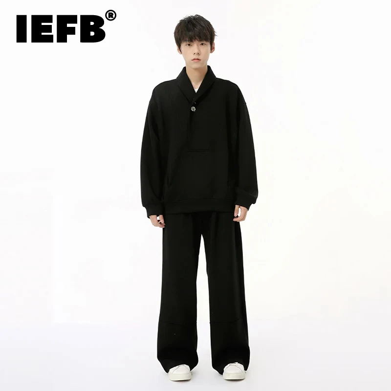 IEFB Korean Style Men\'s Sets Casual Button Turn-down Collar Tops Elastic Waist Straight Wide Leg Pants Loose New Fashion 9C6886