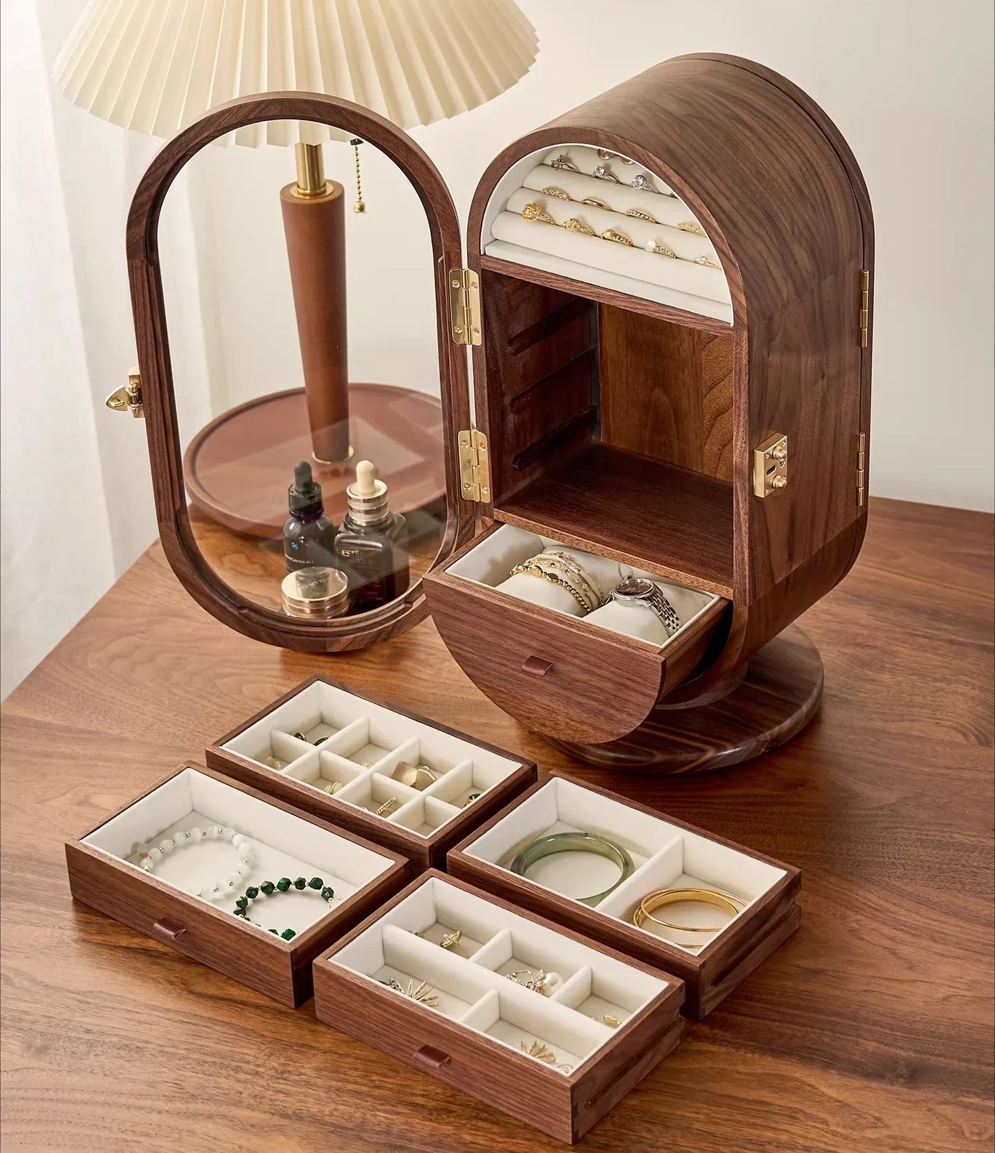 Black walnut multi-functional jewelry box, desktop ornament, creative vanity mirror, multi-layer jewelry storage cabinet