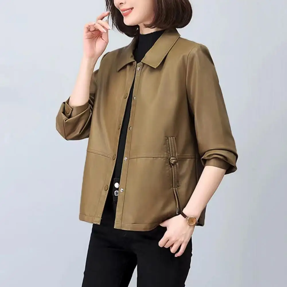 Lapel Jacket Retro Rcycle Coat Women's Faux Leather Jacket with Turn-down Collar Pockets Plus Size Outerwear for Travel