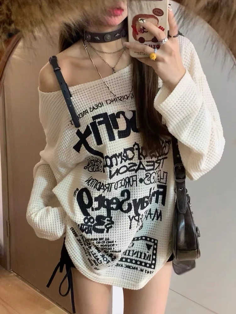 HOUZHOU Vintage Letter Graphic T-shirts Women Off Shoulder Y2k Aesthetic Oversized Grunge Punk Korean Harajuku See Through Tees