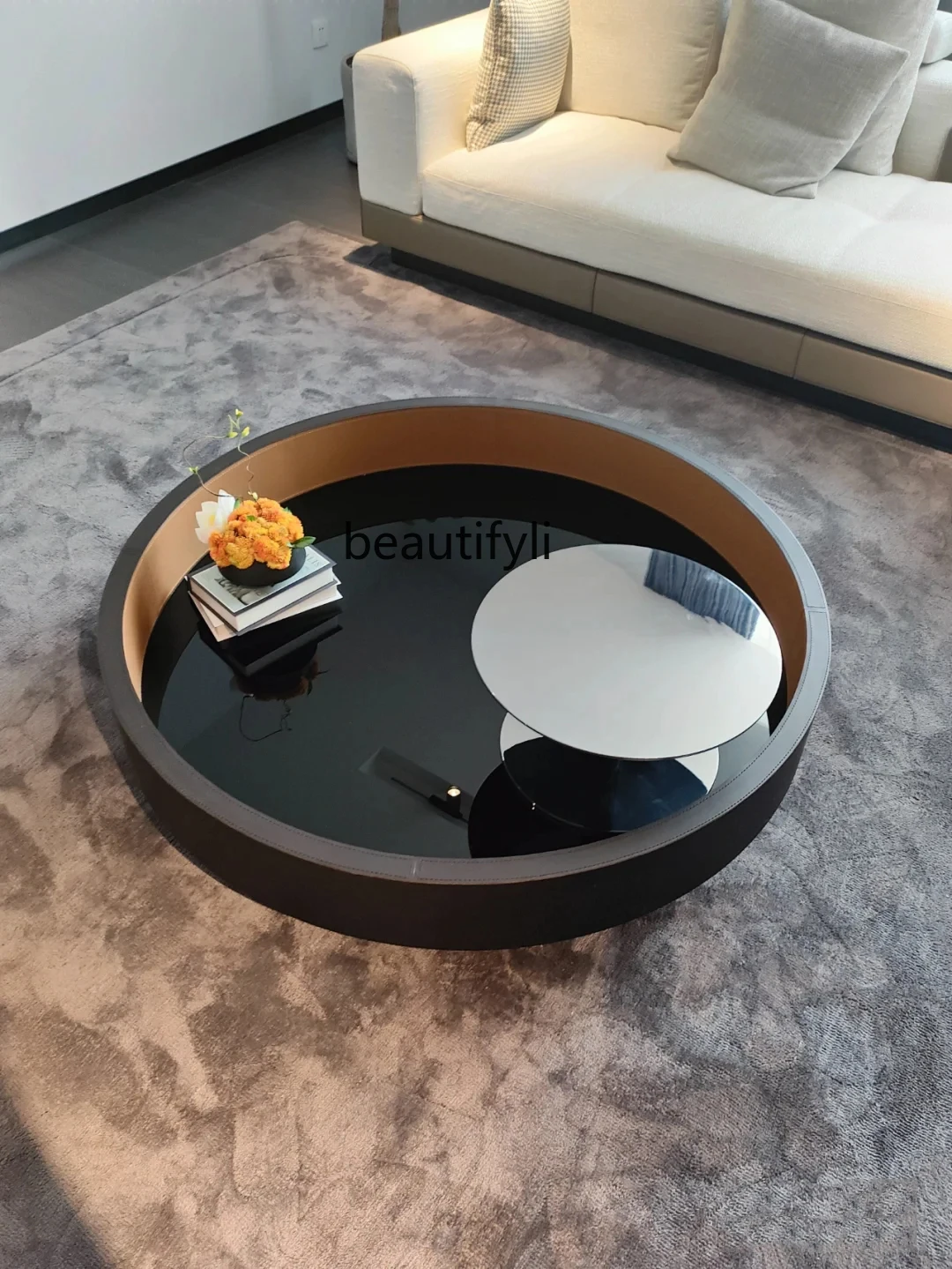 Round coffee table Italian living room household personalized rotating tempered glass combination tea table