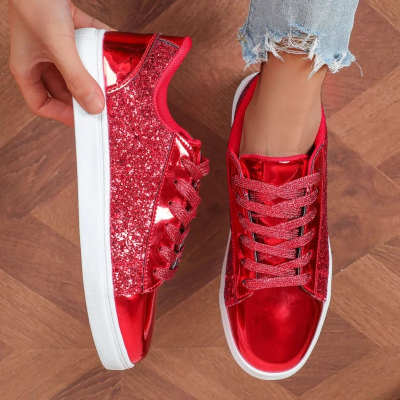 Zapatillas de deporte rojas de moda novedosa para mujer, cómodas zapatillas planas de corte bajo, zapatillas informales para mujer, espejos de otoño, zapatos de Skateboard de talla grande 46