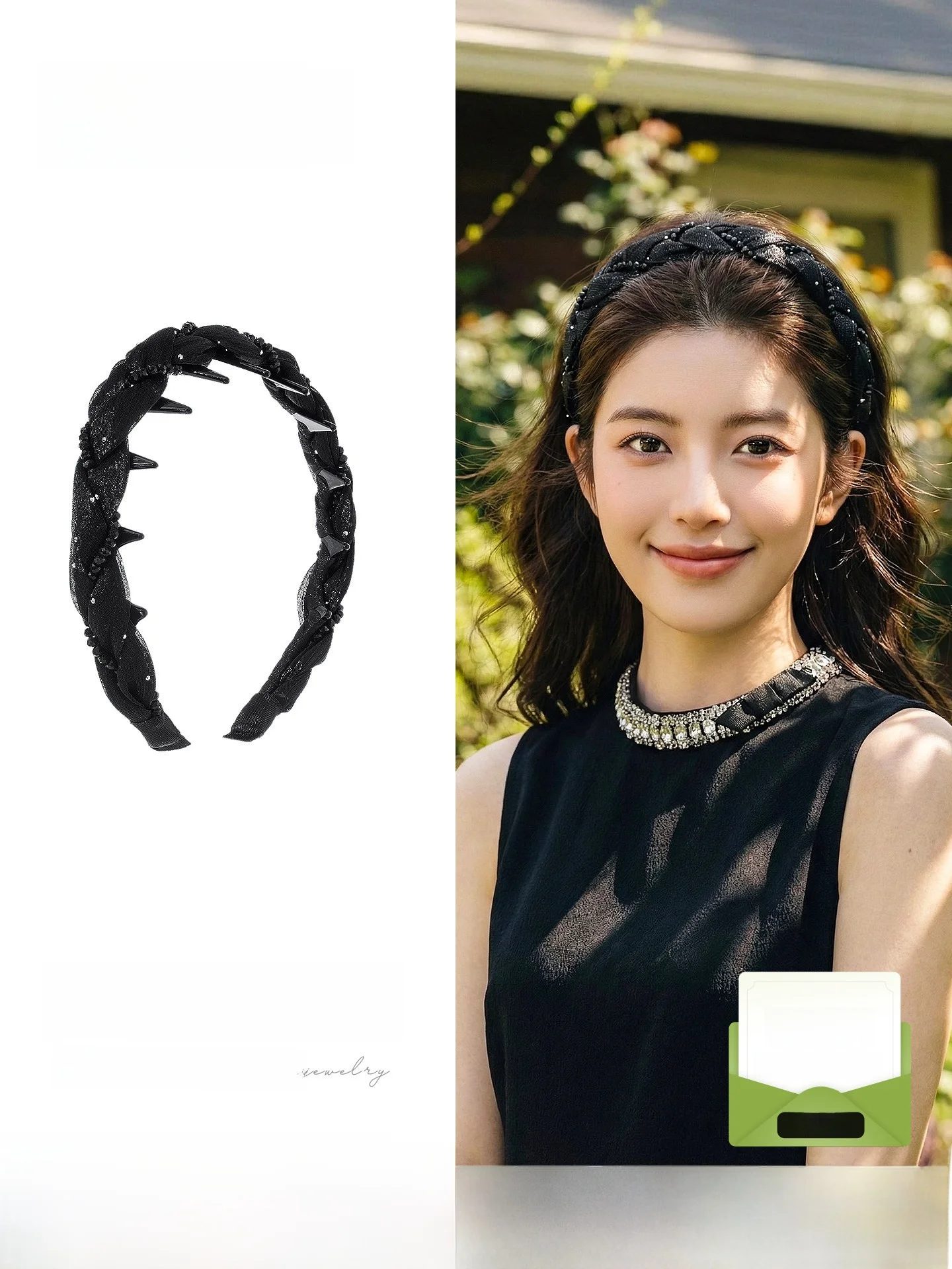 ローレン-ブラック-メッシュ-ヘアバンド-レディース-ハイカット-止め具付き-おしゃれ-スタイリッシュ-ヘアアクセサリー-通勤-日常-ストレートヘア用