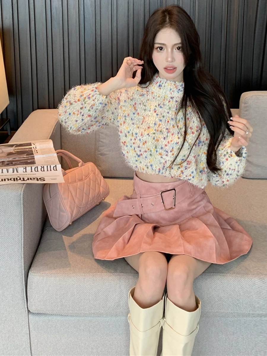  Crochet Short Sweater Top And High Waist Pleated  Skirt Two Piece Set Sweet And Lazy Style Women's Fashion Ensemble