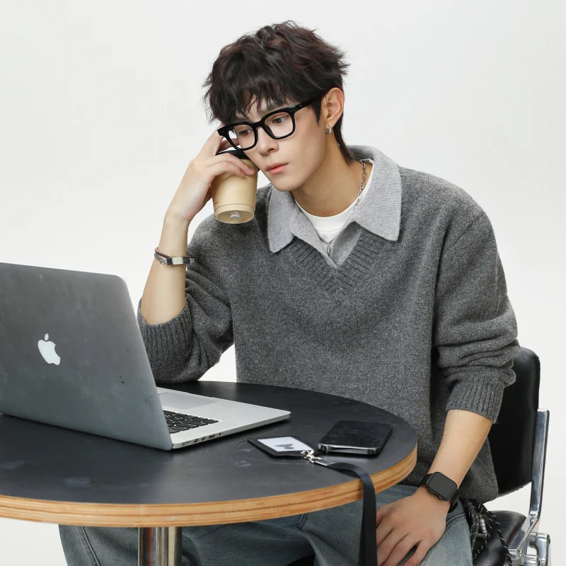 

Теплый вязаный свитер с V-образным вырезом для мужчин, осенне-зимняя модная верхняя одежда в стиле ретро, мягкая повседневная одежда из полиэфирного волокна