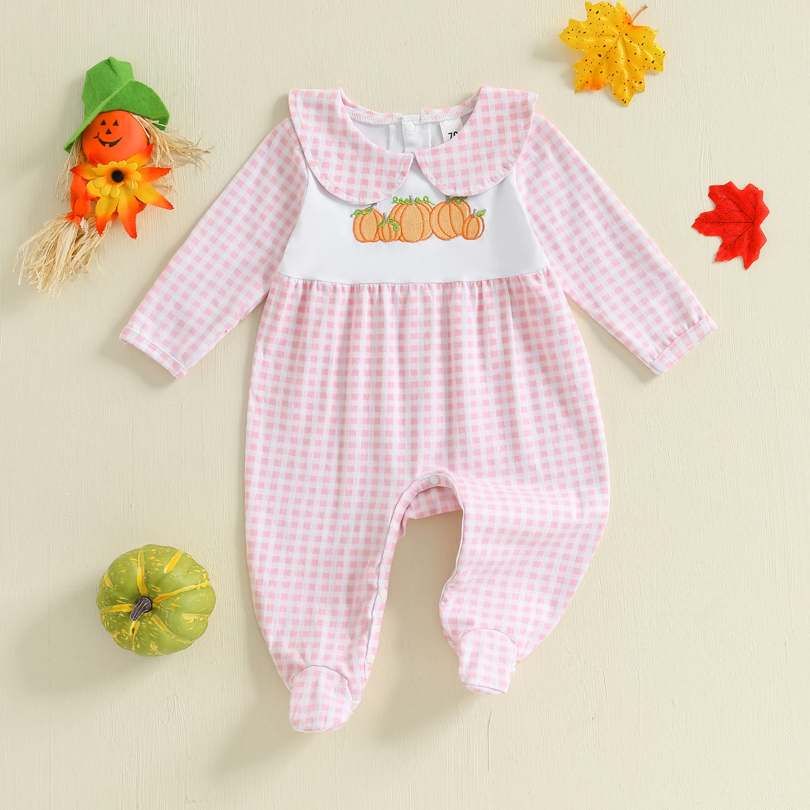 SUNSIOM 0-18 Months Baby Halloween Romper Pumpkin Embroidery Plaid Doll Collar Long Sleeve Footie Jumpsuit for Fall