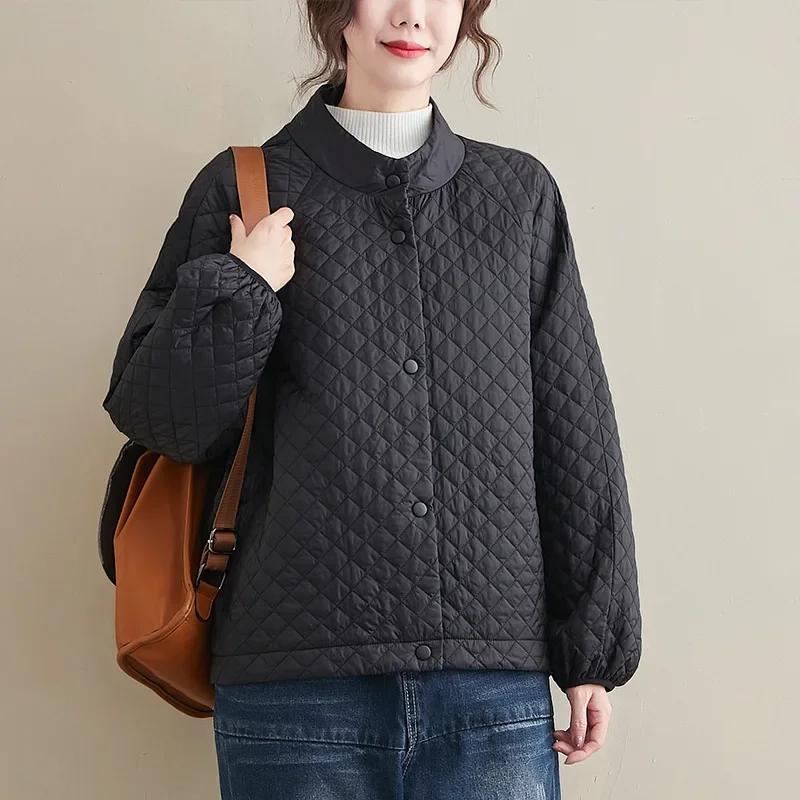 Autumn and Winter Models Diamond Grid Short Cotton Jacket Women Thin Casual Stand Up Collar Jacket Warm Loose Jacket