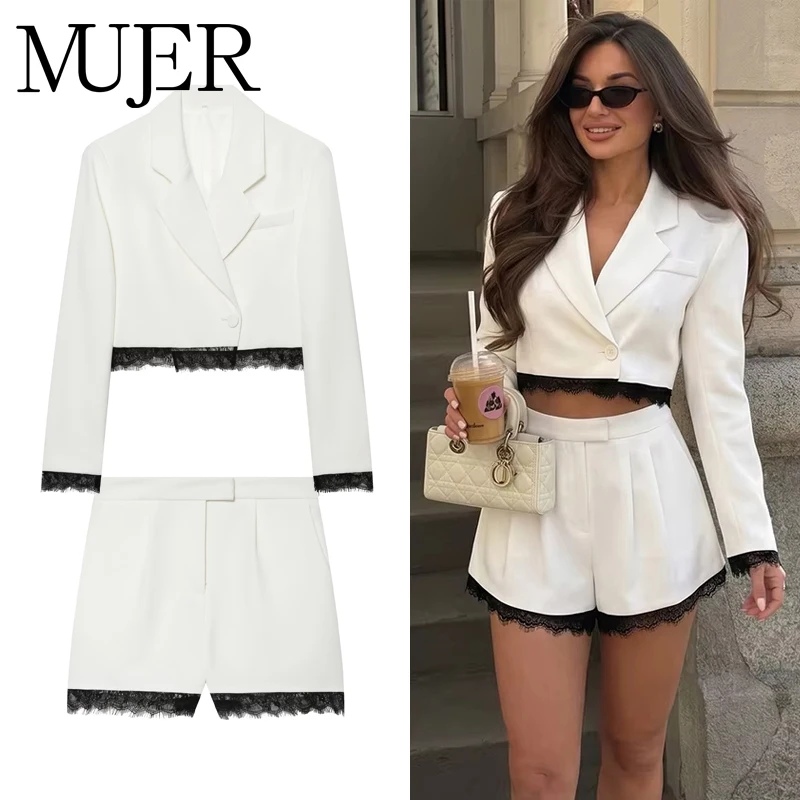 MUJER Lace Short Blazers for Women's Suit Summer Blazer Set 2 Piece Woman Shoulder Pad Women's Tailoring Blazers Bermuda Shorts
