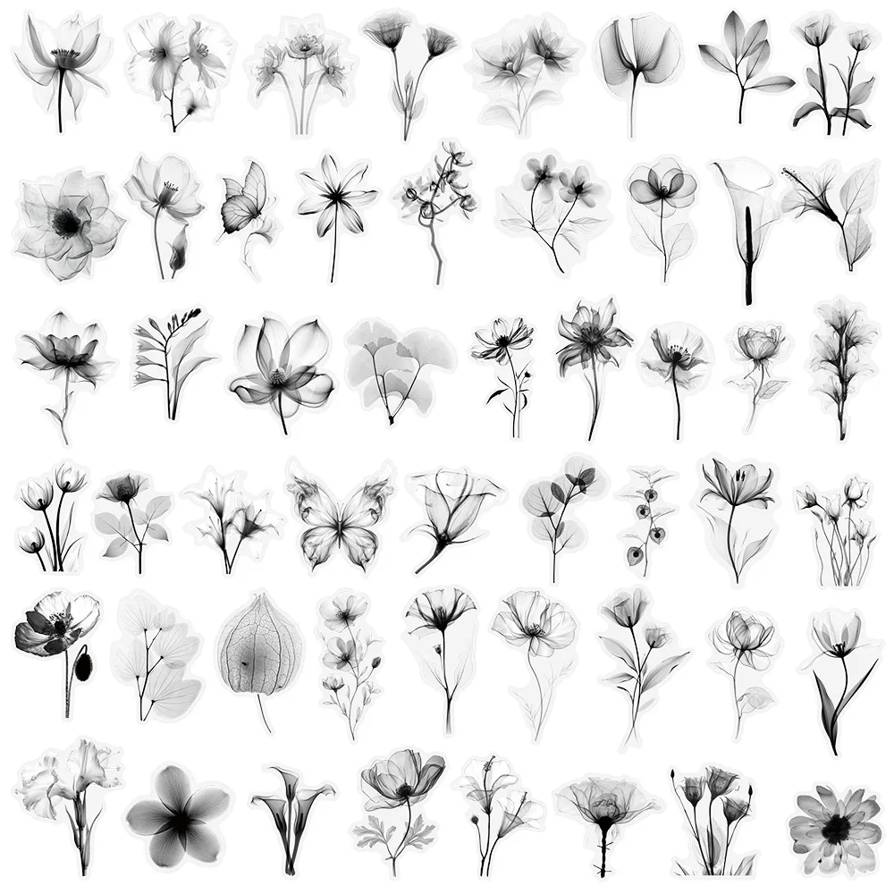 50 Uds. De pegatinas de PET impermeables de flores naturales en blanco y negro, estética para álbum de recortes DIY, funda de teléfono, decoraciones artísticas de plantas para coche