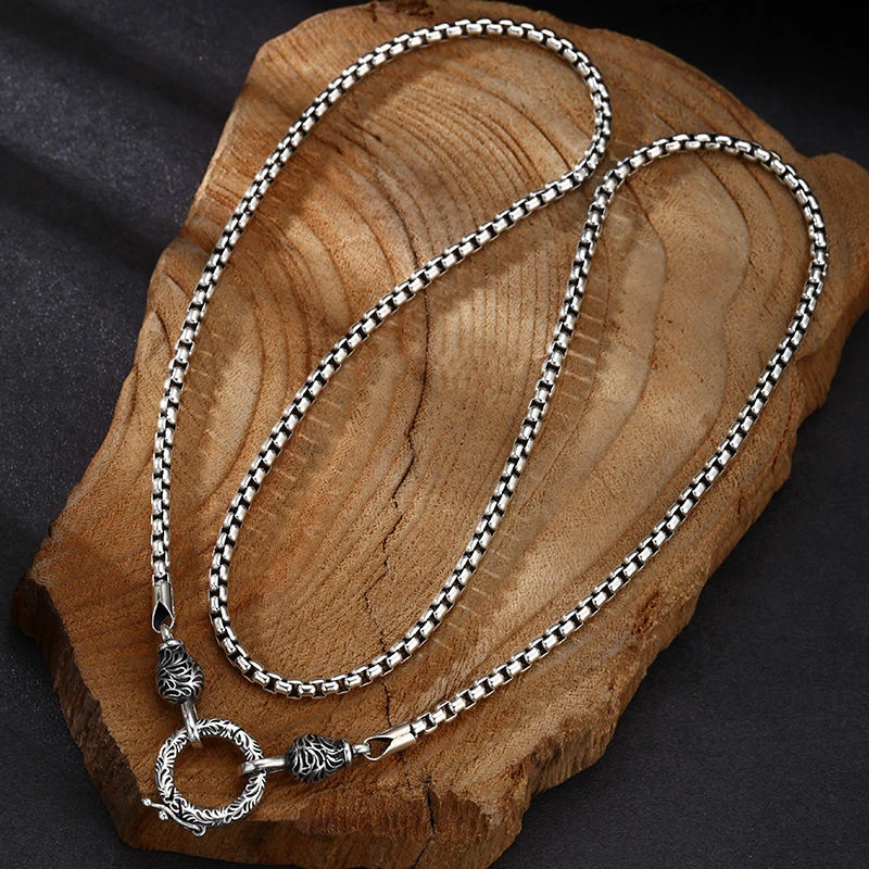 OUYADI Collar de Cadena Retro de Plata de Ley 925 para Hombre y Mujer, con Cierre Ornamental Tallado Vintage, Cadena Ajustable, Joyería de Moda