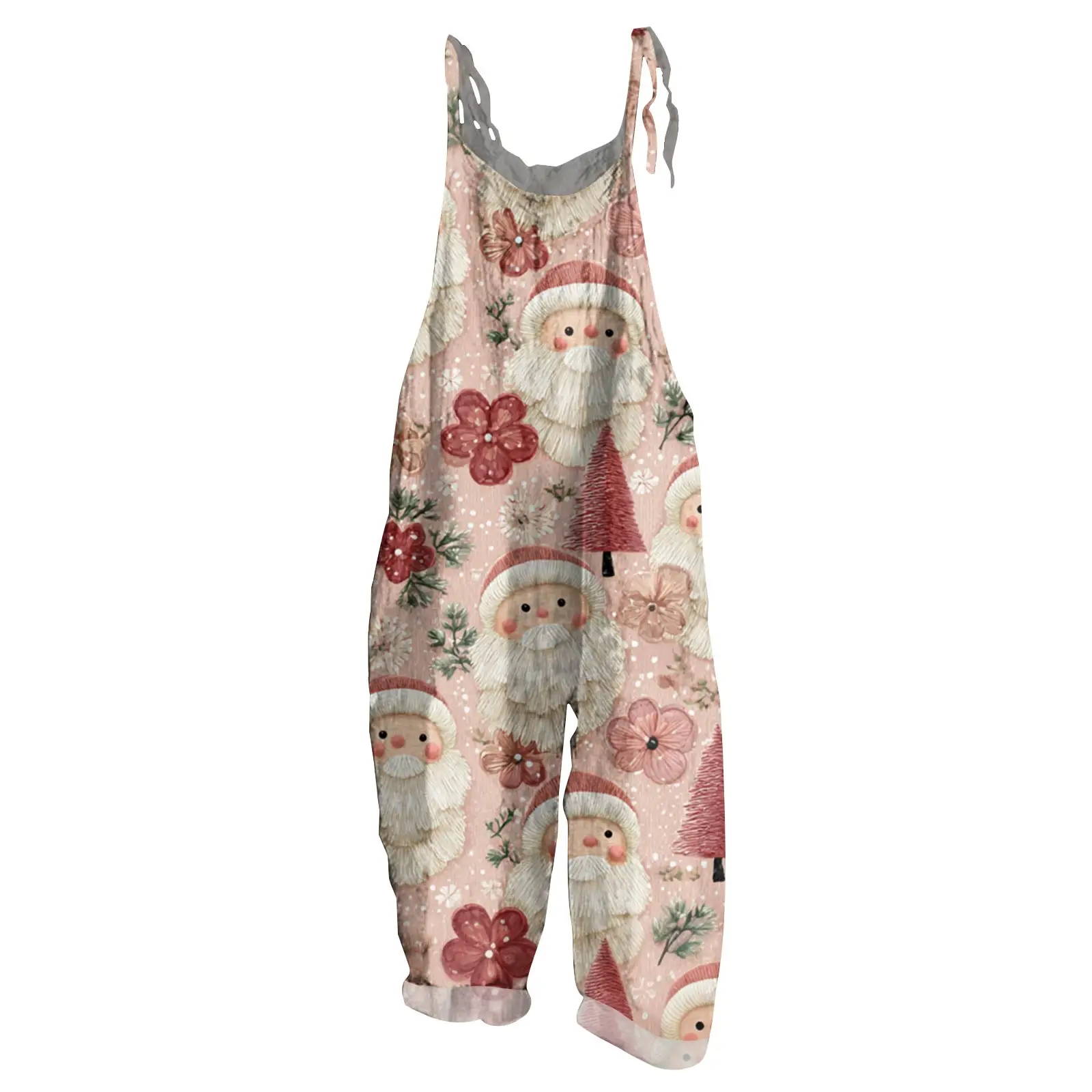 Adorabile tuta con stampa di Babbo Natale tinta unita pantaloni lunghi a gamba larga pantaloni larghi con bretelle vintage abbigliamento per atmosfera natalizia