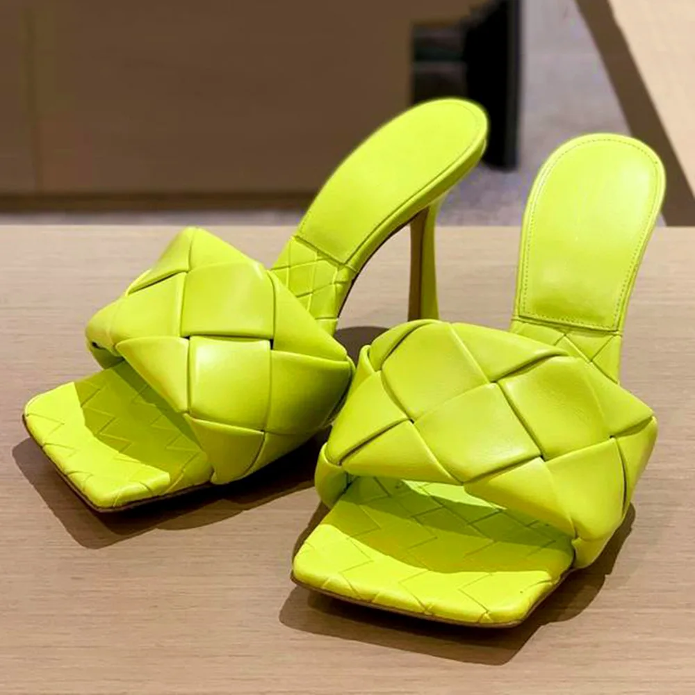 

Women Fluorescent Yellow Matte Leather Lingge Braided Mules Square Toe Stiletto Heel Modern Slippers Slip-On Dress Sandals