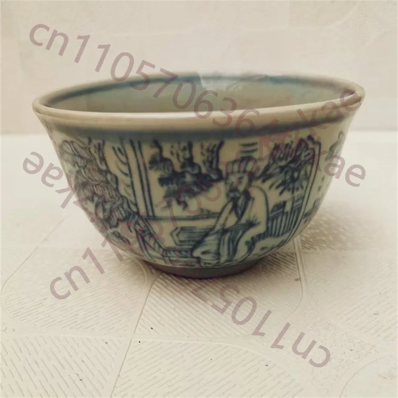 Cuenco de Porcelana Antigua China Azul y Blanco con Patrón de Figuras, Plato Decorativo de Arte Tradicional para el Hogar