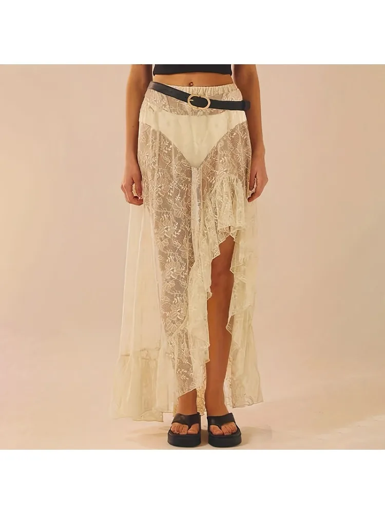 2026 new French retro lace splicing irregular skirt Spice girl style high waist and thin split fork medium and long skirt