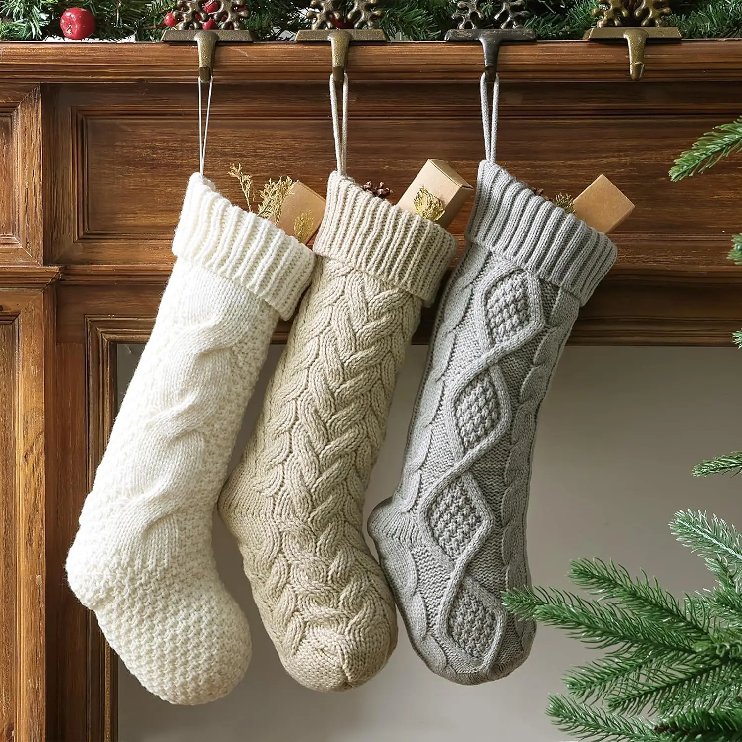 

6-8PACK Christmas Stockings 18In Cable Knit Fireplace Stockings Rustic Hanging Xmas Stockings Farmhouse Boho Decorations Family