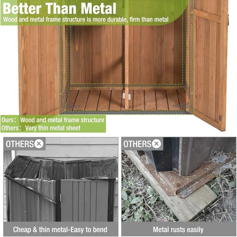 سقيفة تخزين خارجية، سقيفة أدوات حديقة خشبية مع إطار معدني، سقف منحدر وأرفف قابلة للتعديل مكونة من 3 طبقات، مخزن خارجي