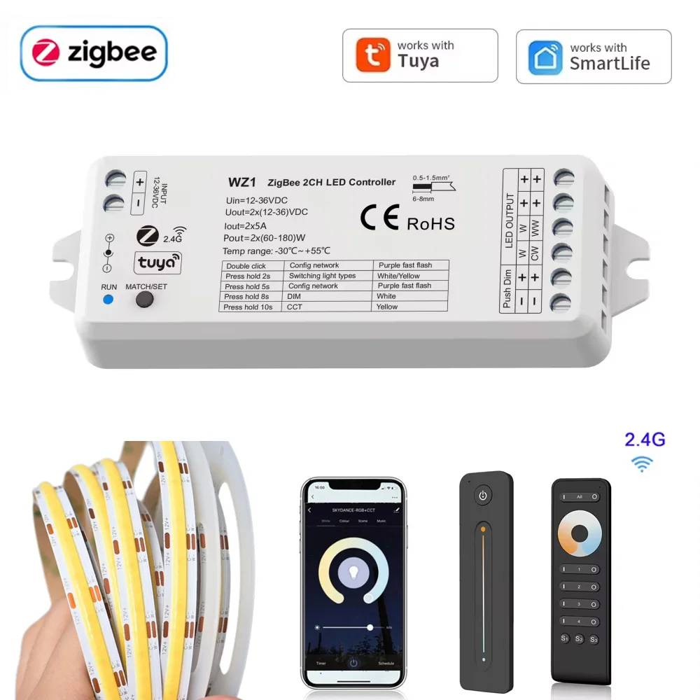Tuya Zigbee 2CH LED Controller 12V 24V COB CCT WW CW LED Strip 4 Zone RF 2.4G Dimming Remote Control Fr Alexa Google SmartThings