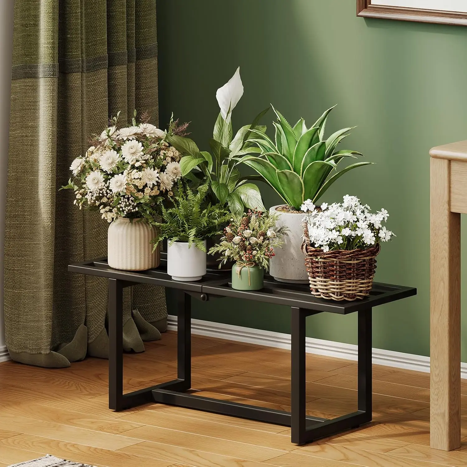 

2 Pack Foldable Metal Plant Stand, Heavy Duty Indoor Window Shelf - Modern Slatted Display for Patio Garden Living Room