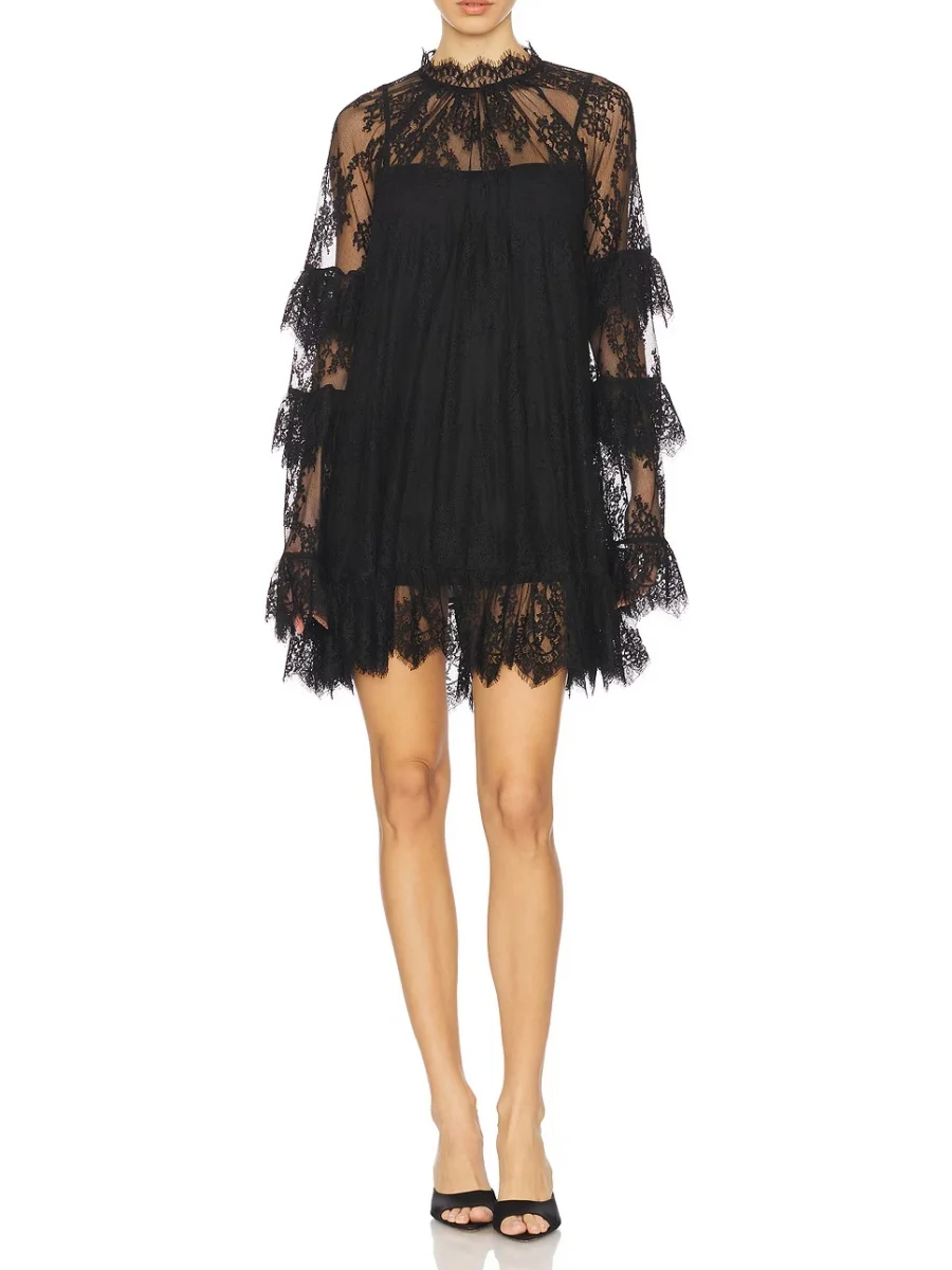 ผู้หญิง Lace Sheer Dress เซ็กซี่ดูผ่านตาข่ายแขนยาวคอดอกไม้ Cover Up ค็อกเทลปาร์ตี้มินิเดรส