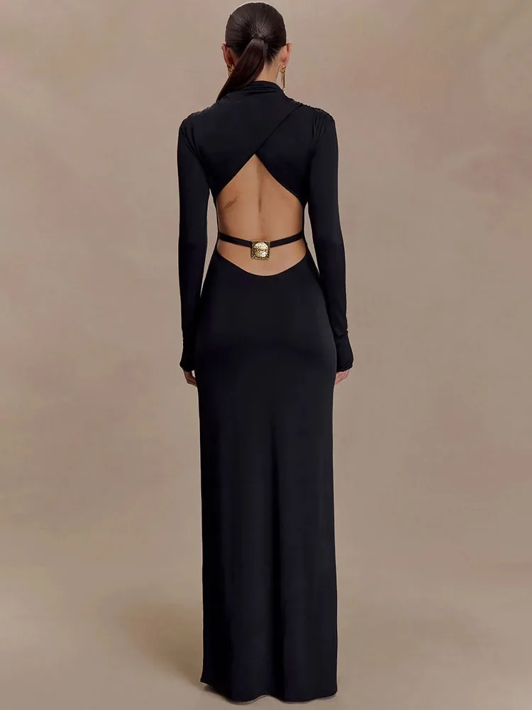 Backless lange mouw sexy maxi-jurk damesjurk elegante zwarte uitgesneden halfhoge kraag bodycon club party lange jurk