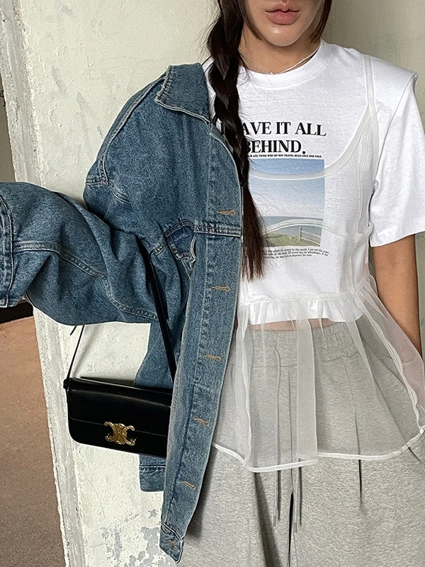 

Весна 2025 Dongda Gate Sweet And Cool Sle Me Cover up Tank Top Женская модная многослойная прозрачная жилетка Топ средней длины